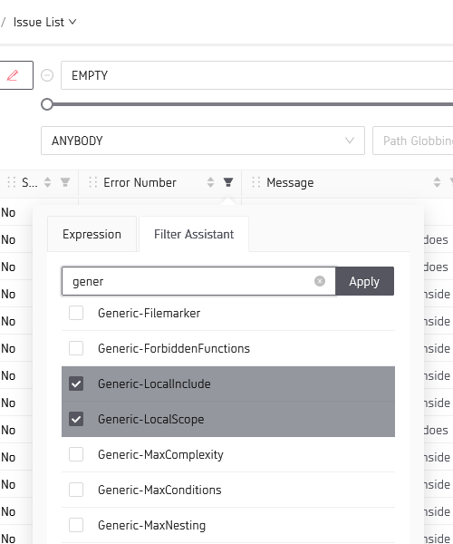 The multiple choice column filter assistant.