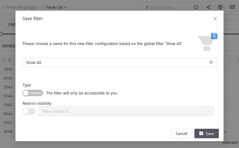 The "Save as..." dialog with `Manage Named Filters` :ref:`permissions<sec:dashboard2:Administration:Permissions>`