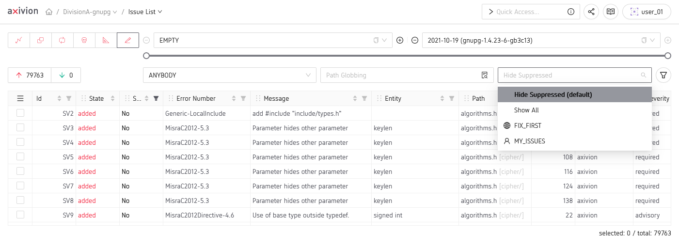 The opened Issue Table Named Filter selector