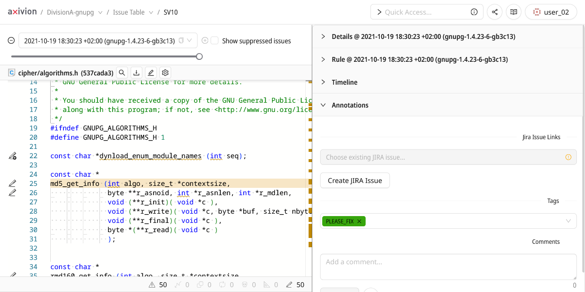 The Issue Annotations Panel with active JIRA integration