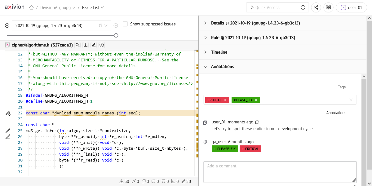 The Issue View showing the annotations panel
