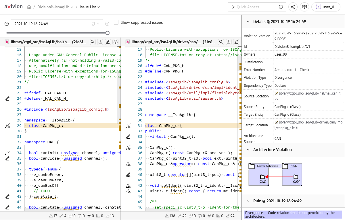Issue View showing an Architecture Violation