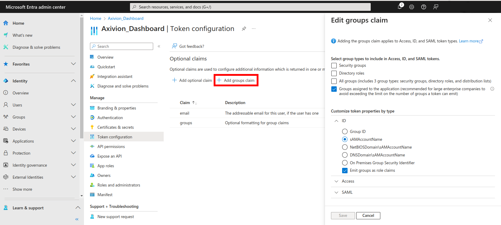 configuring entra to send group names instead of IDs