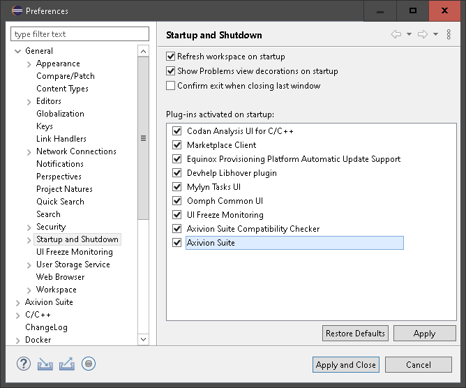 Eclipse :guielement:`Startup and Shutdown` preferences with |aclipse|.