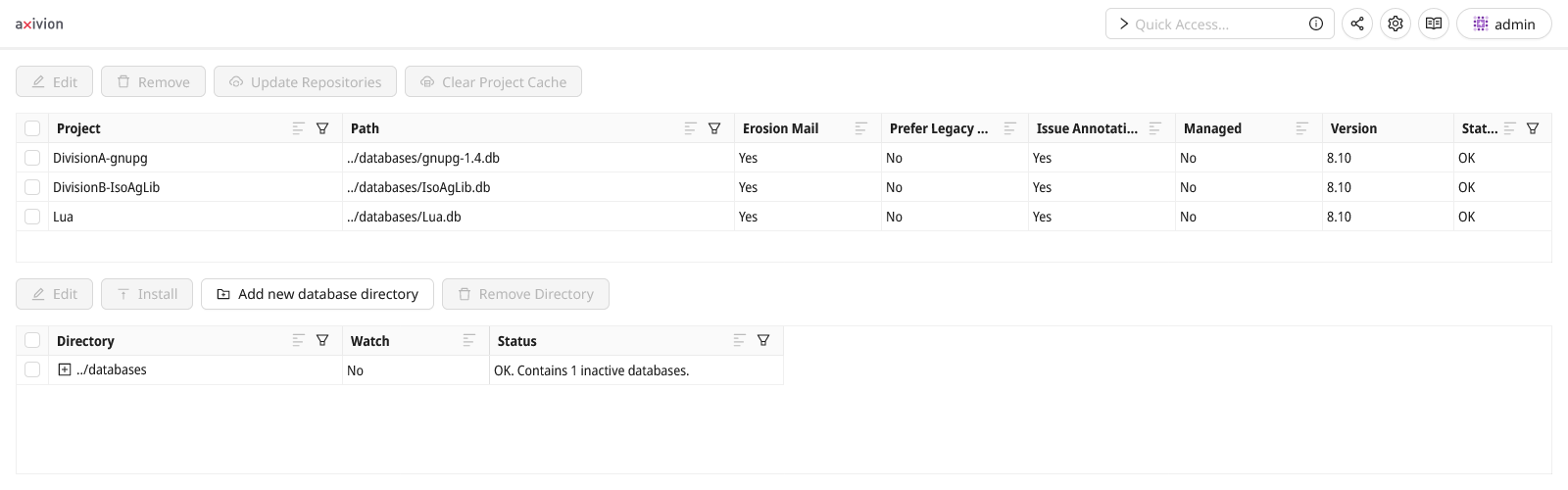 The project list configuration view