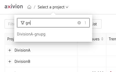 The partially filtered :guielement:`Projects` menu.