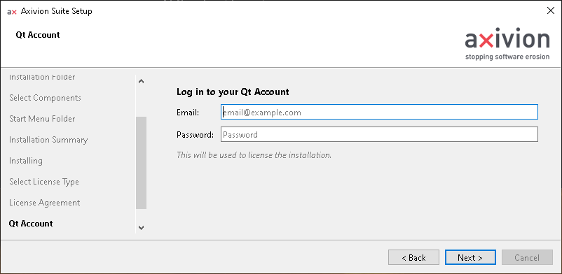 Enter the credentials for the Qt Account that has a valid |bauhaussuite| license.