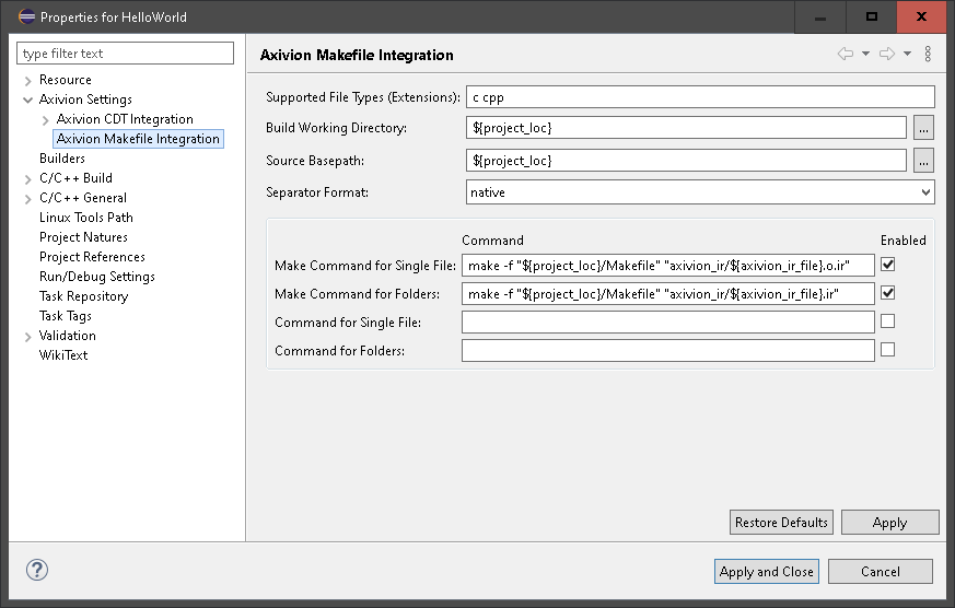 Single-File Analysis project properties.