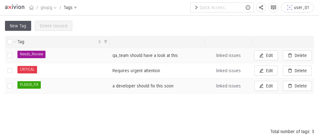 The Tag Management Page of a Project
