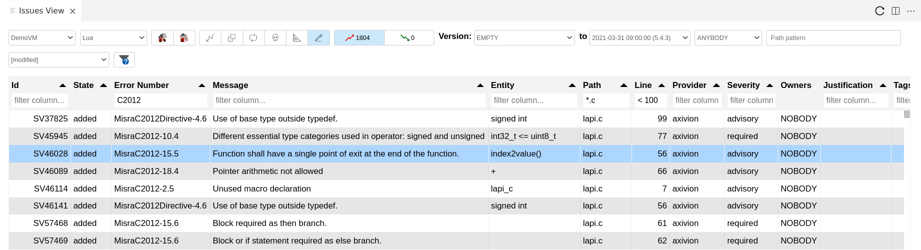 :guielement:`Issues View` window