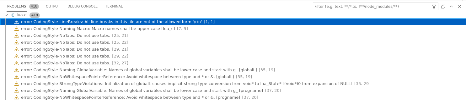 Single-File Analysis results in the Problems View