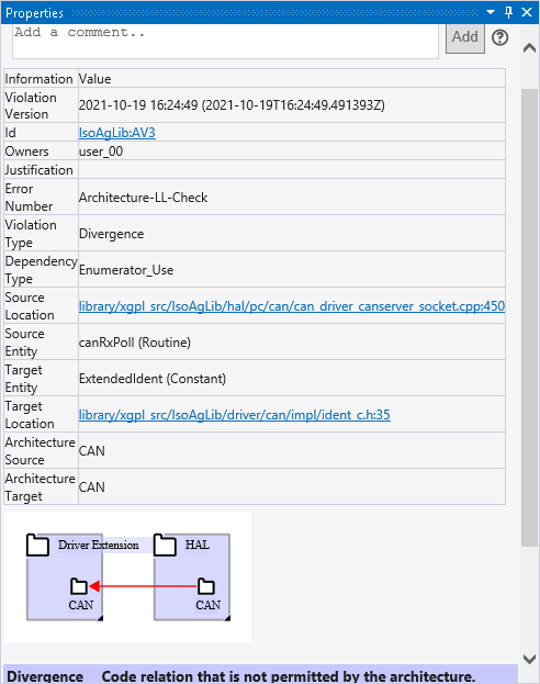 Property Window showing issue details