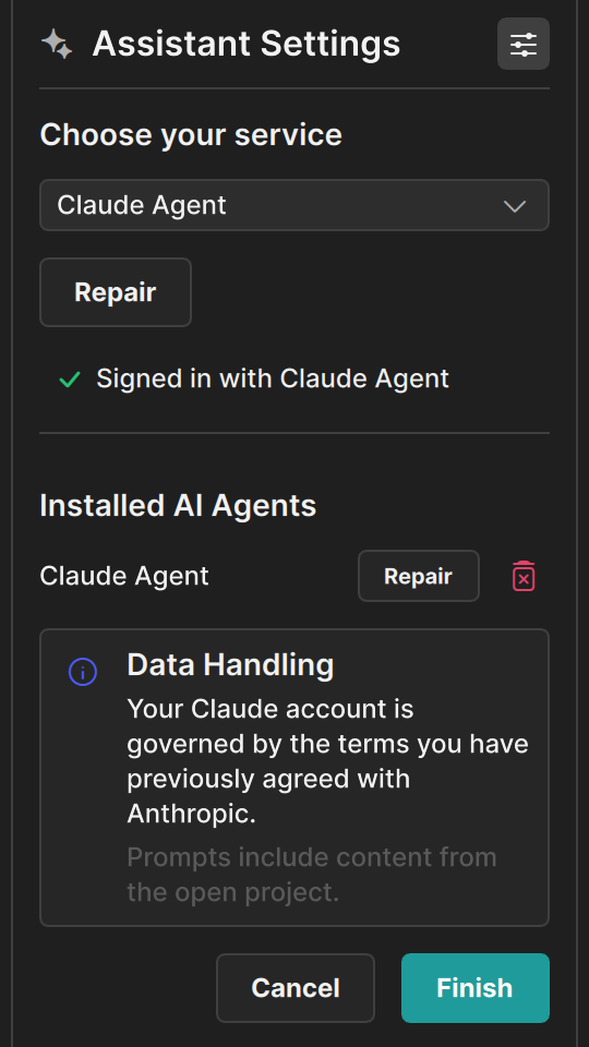 The Assistant Settings view with the service, sign-in state, and the data handling note