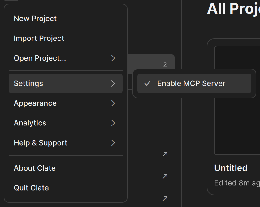 The Welcome page menu with Settings and Enable MCP Server