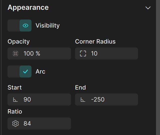 The Arc settings of a Gauge Arc in the property editor