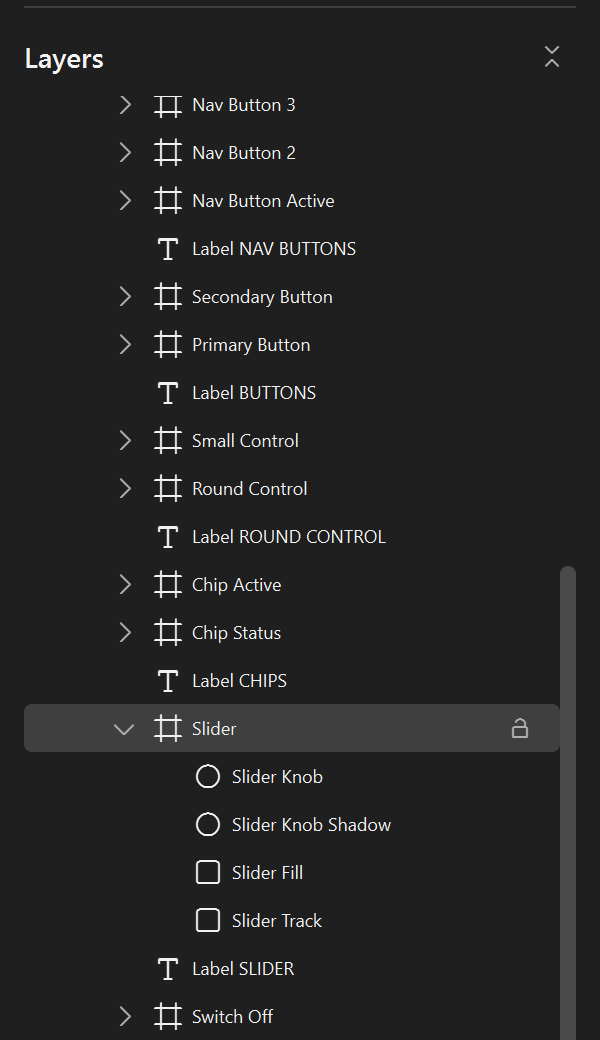 The Layers panel showing the Slider with its layers Slider Knob, Slider Knob Shadow, Slider Fill, and Slider Track