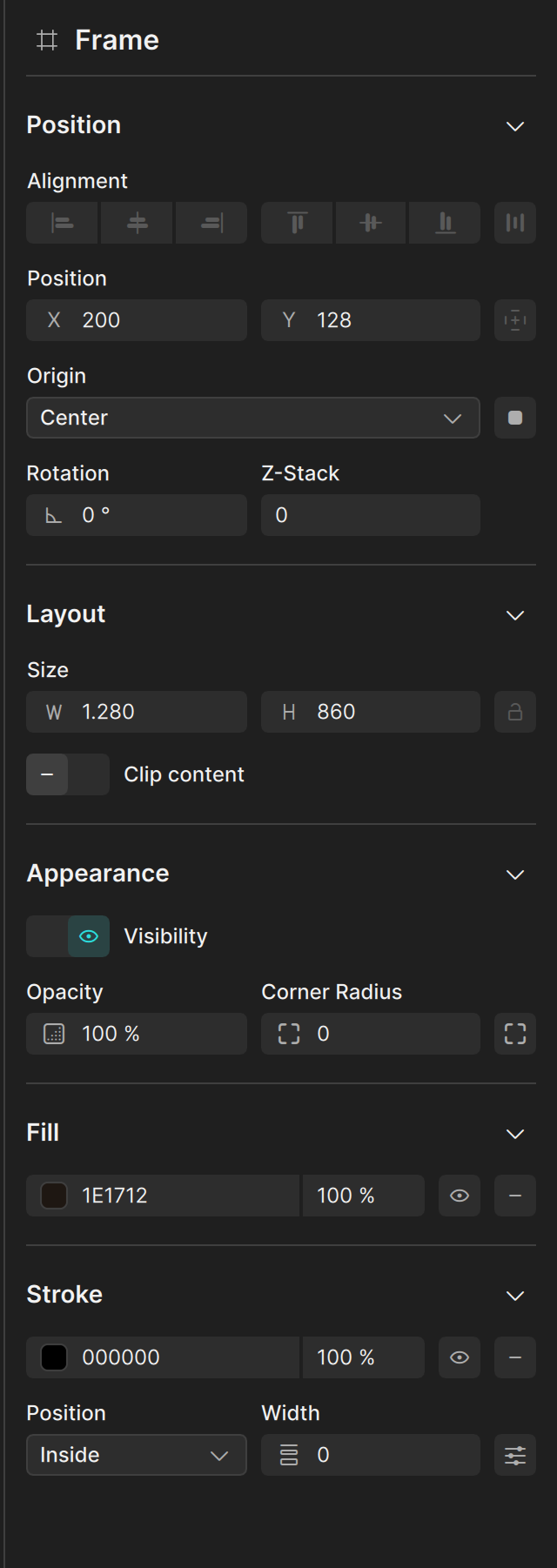 The property editor for a frame