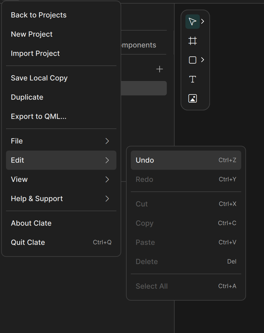 Edit submenu with Undo, Redo, Cut, Copy, Paste, Delete, and Select All, where only Undo is available