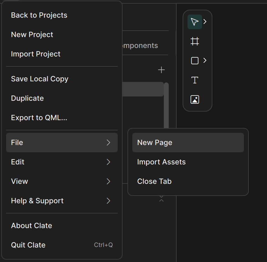 The File submenu with New Page, Import Assets, and Close Tab