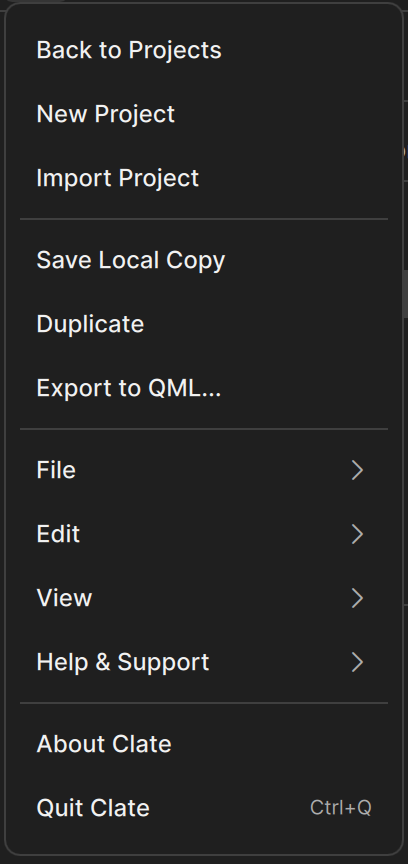 The main menu with Export to QML