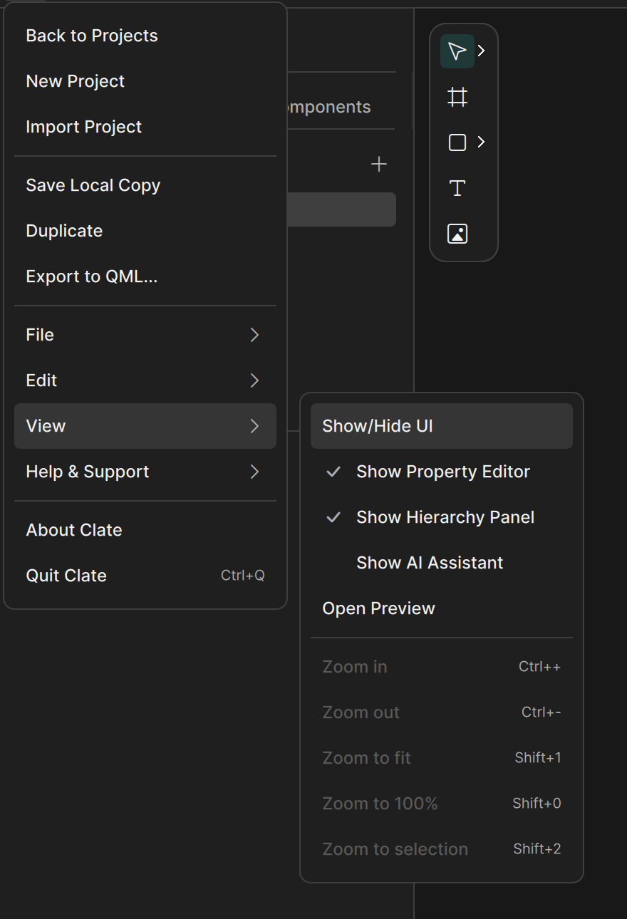 View submenu with Show/Hide UI, Show Property Editor, Show Hierarchy Panel, Show AI Assistant, Open Preview, and the zoom commands