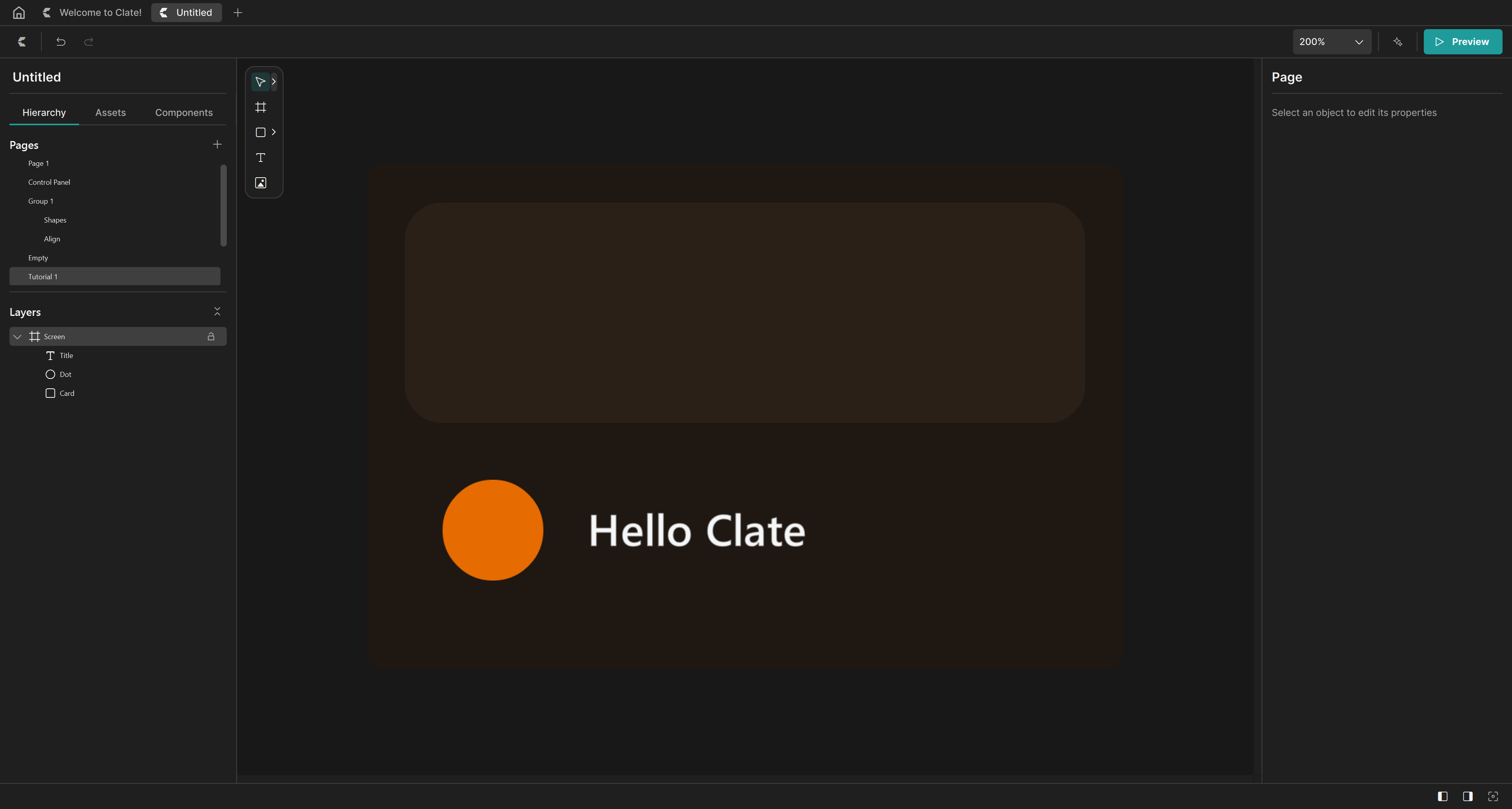 The Layers panel with the layers named Screen, Card, Dot, and Title