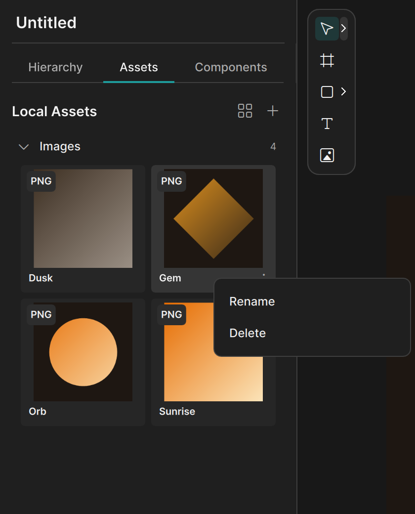 The context menu of an asset with Rename and Delete