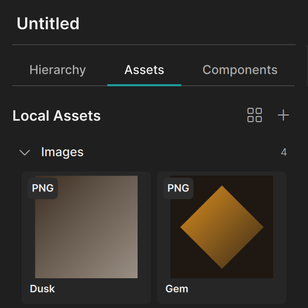 The Assets tab in list view with four image assets