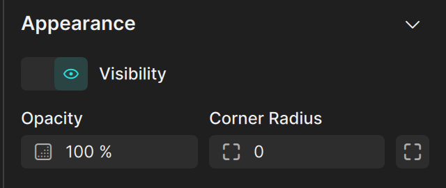 Appearance section with the Visibility toggle, Opacity at 100 percent, and Corner Radius at 0