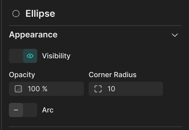 The Appearance section of an ellipse with the Arc toggle