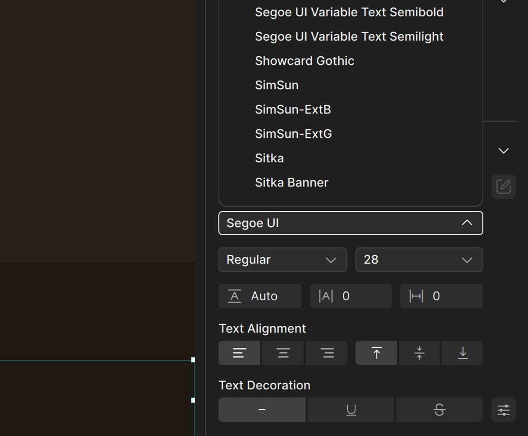 Font family list open above the font field, showing the installed fonts