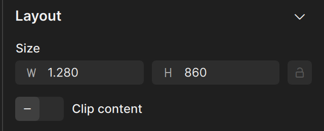 Layout section with width and height fields and the Clip content toggle