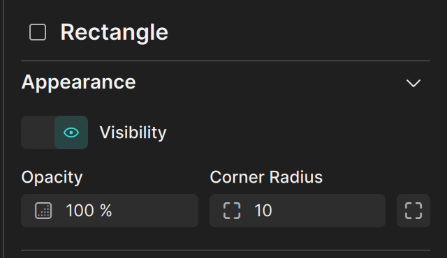 The Appearance section of a rectangle with opacity and corner radius