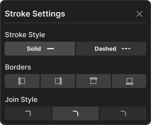 The Stroke Settings popup with stroke style, borders, and join style