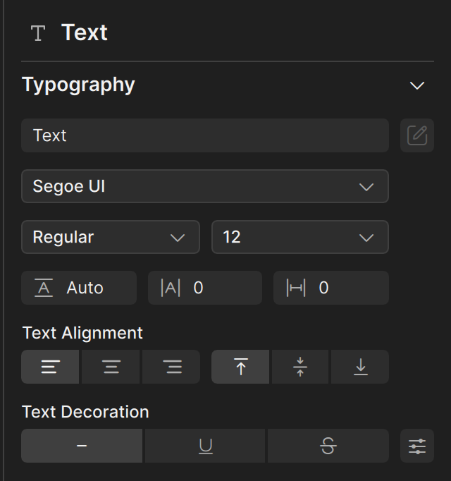 The Typography section of a new text object