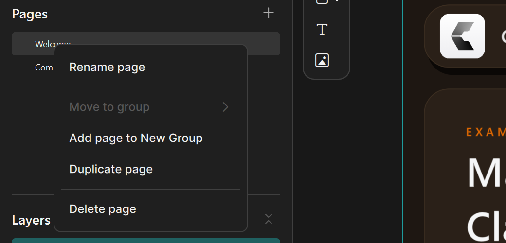 Page context menu with Rename page, Move to group, Add page to New Group, Duplicate page, and Delete page