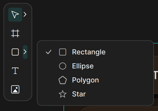 The tool palette with the shape flyout open: Rectangle, Ellipse, Polygon, and Star