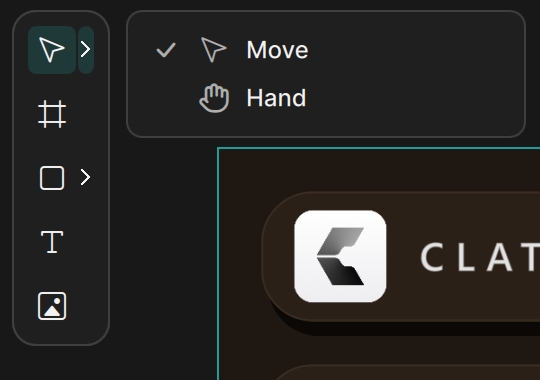 The tool palette with the select flyout open: Move and Hand