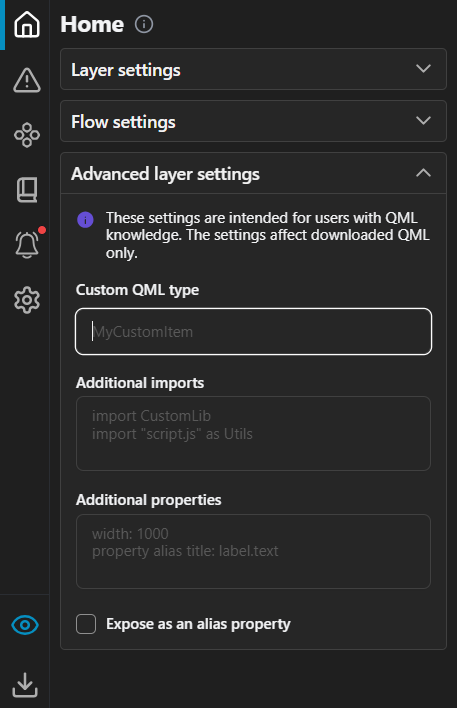 Advanced layer settings on the plugin Home page.