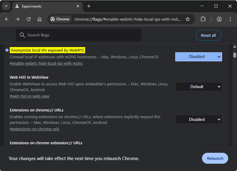 The Anonymize local IPs exposed by WebRTC setting.