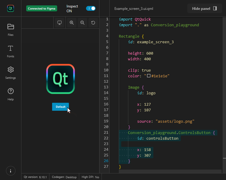 A Button component and its instance in the live preview.