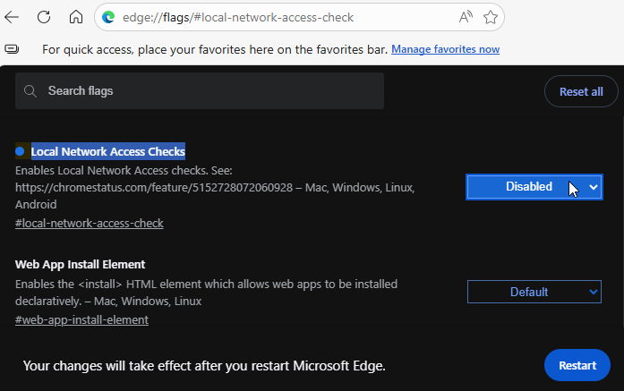 The Local Network Access Checks setting.