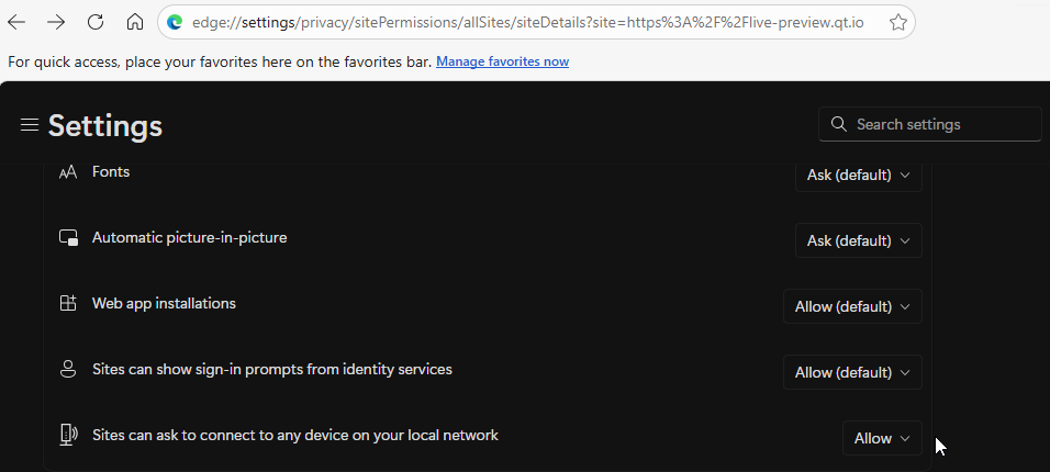 The Sites can ask to connect to any device in your local network setting.