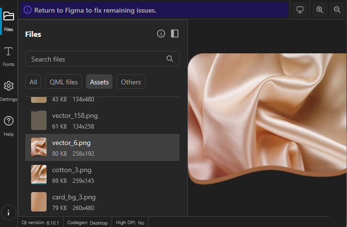 List of assets on the Files page in the live preview.