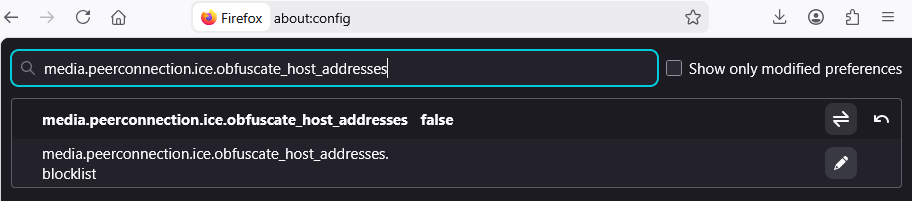 Setting media.peerconnection.ice.obfuscate_host_addresses to False.