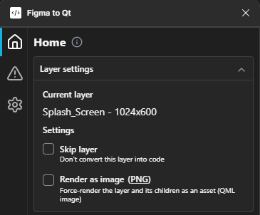 Layer settings on the plugin Home page.