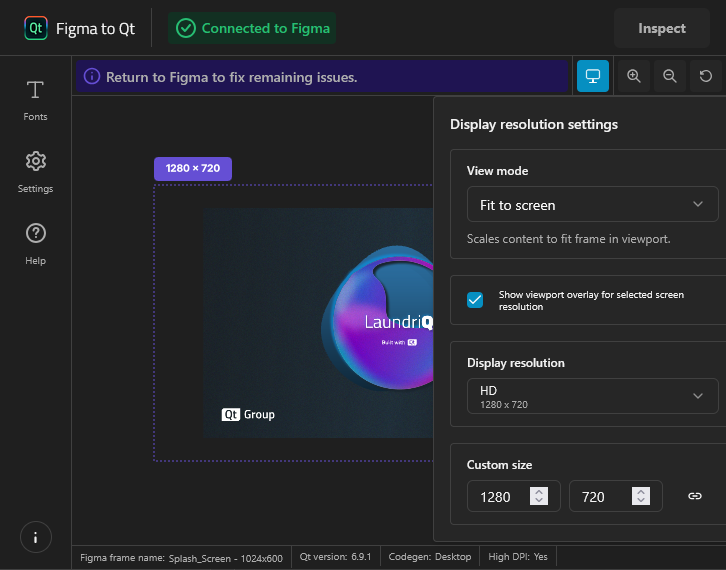 Display resolution settings in the live preview.