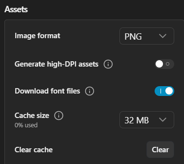 Asset settings in Code settings on the Settings page in the plugin.