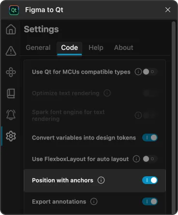 Position with anchors in Code settings on the Settings page.