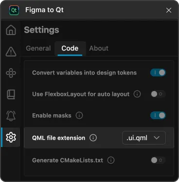 QML file extension in Code settings on the Settings page.